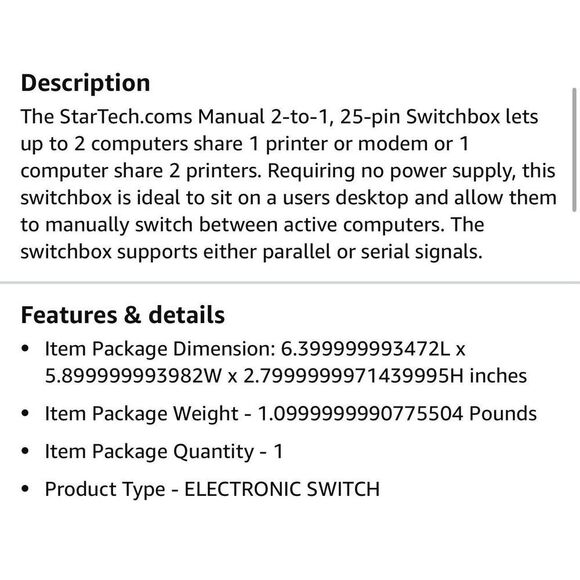 Startech 2-Way Data Switch Manual 2-Way 25 Pin Switchbox Model DS252 NIB - Picture 4 of 4